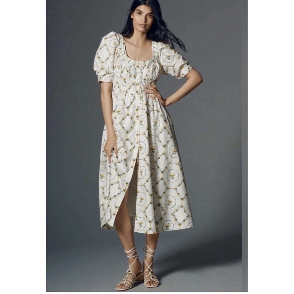 Anthropologie Flutter Sleeve Yellow Rose Midi Preppy Cotton Dress Small New